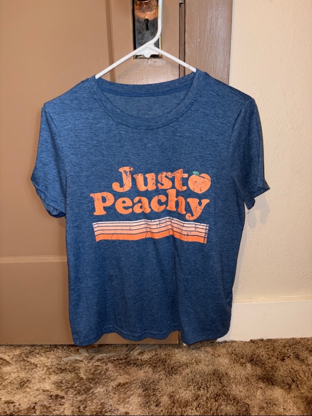 SHEIN Blue 'Just Peachy' Short Sleeve Tee with Orange Graphic